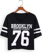 Shein Black Short Sleeve Brooklyn 76 Print Crop T-shirt