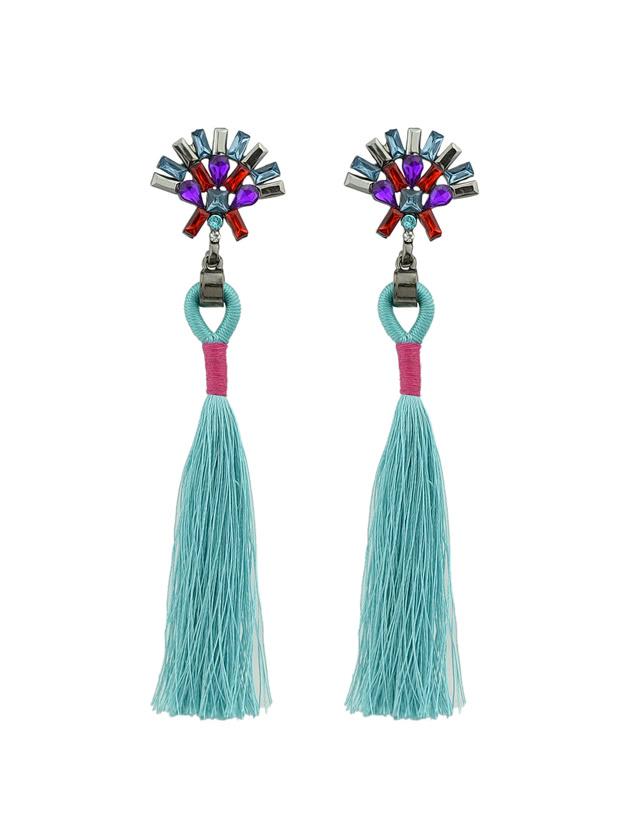 Shein Green Rhinestone Handmade Long Tassel Drop Earrings