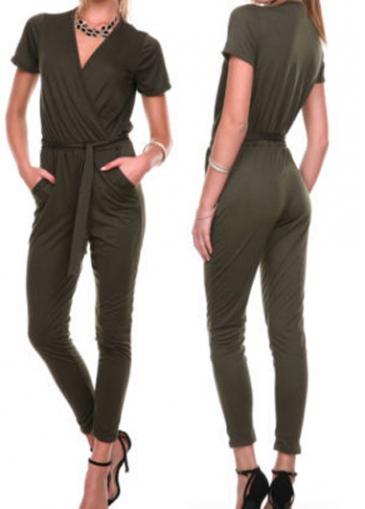 Rosewe Short Sleeve V Neck Army Green Jumpsuit
