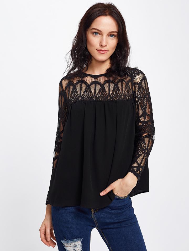 Shein Illusion Lace Panel Keyhole Back Top