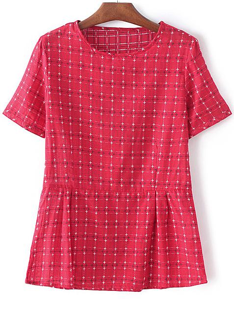 Shein Pink Short Sleeve Plaid Cotton Linen Blouse