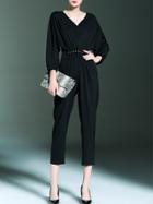 Shein Black V Neck Batwing Sleeve Pleated Jumpsuit