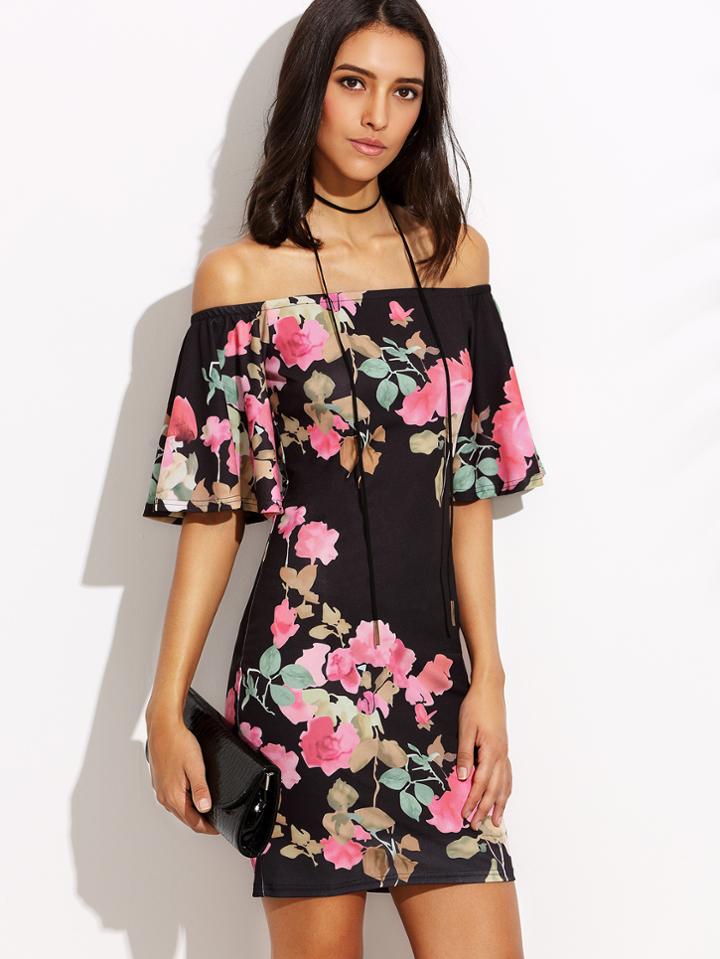 Shein Floral Print Bardot Frill Dress