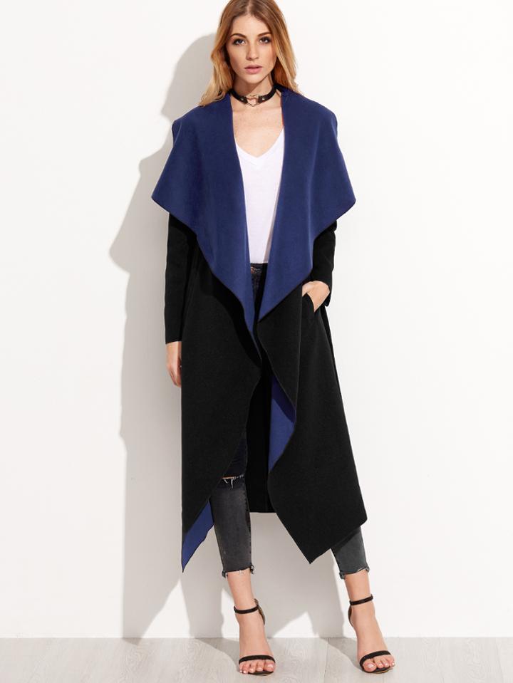 Shein Black Contrast Shawl Collar Wrap Coat