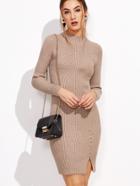 Shein Khaki Mock Neck Slit Hem Buttons Sweater Dress