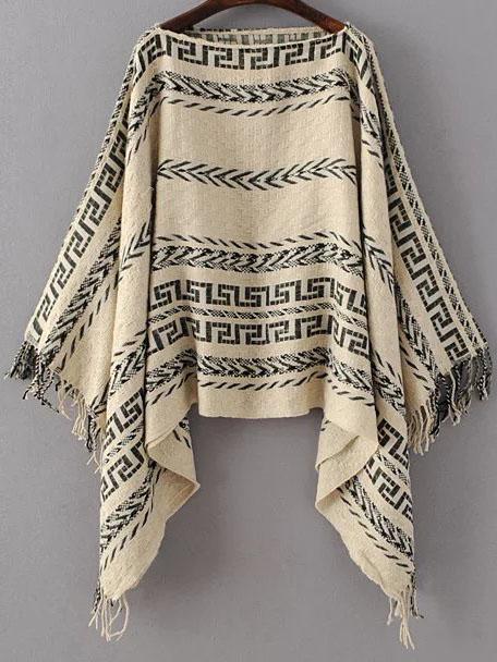 Shein Khaki Tribal Pattern Boat Neck Fringe Poncho Sweater