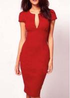Rosewe Graceful V Neck Red Tight Dress With Puff Sleeve