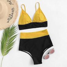 Shein Two Tone Color Top With High Waist Bikini Set