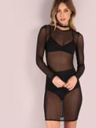 Shein Black Long Sleeve Sheer Mesh Dress