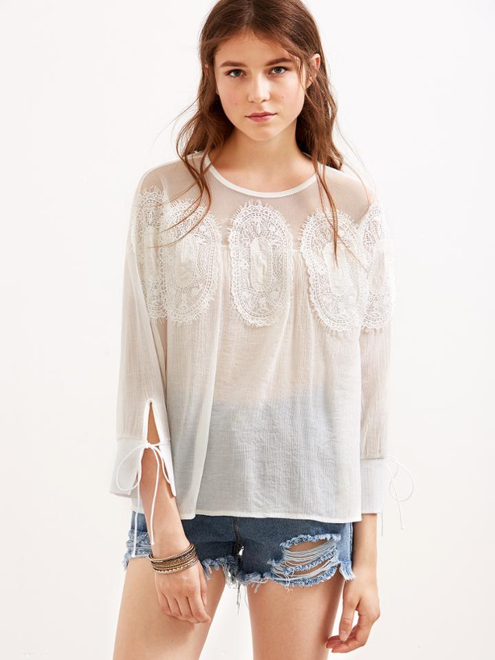 Shein Beige Mesh Insert Appliques Keyhole Back Blouse