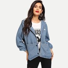 Shein Letter Print Hanky Hem Hooded Denim Jacket