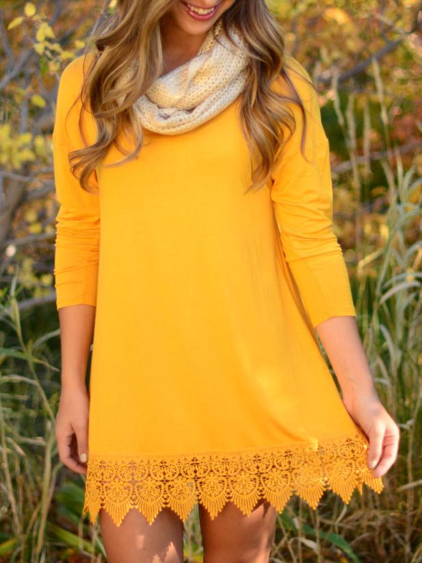 Shein Yellow Long Sleeve Slim Lace Hem Dress