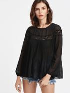 Shein Lace Insert Bishop Sleeve Pleated Top