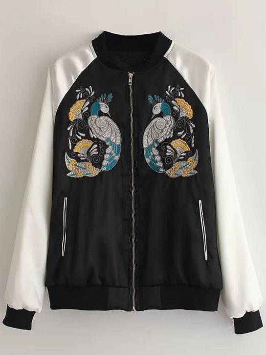 Shein Black Peacock Embroidered Raglan Sleeve Bomber Jacket