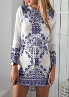 Rosewe Long Sleeve Blue Porcelain Print Belted Dress