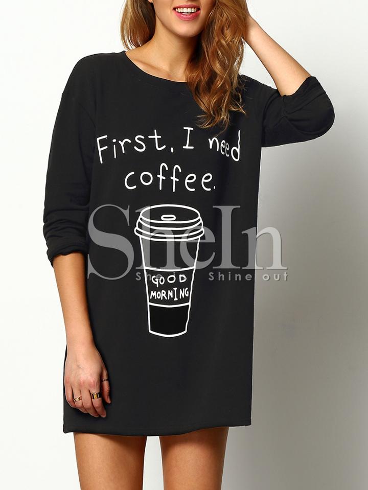 Shein Crew Neck Coffee Print Loose T-shirt