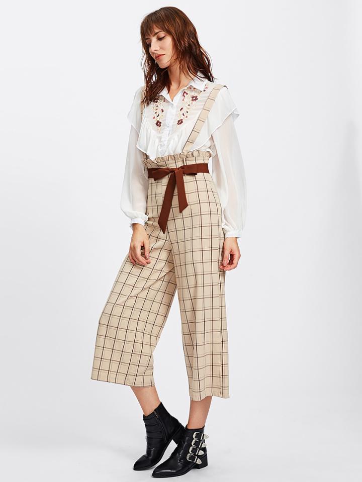 Shein Tattersall Plaid Bow Tie Waist Wide Leg Jumpsuit