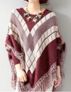 Shein Burgundy Round Neck Geometric Print Tassel Cape