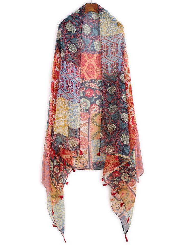 Shein Multicolor Patchwork Tassel Trim Voile Scarf