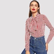Shein Tie Neck Button Striped Top