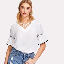 Shein Wave Lace Trim Crisscross Neck Top