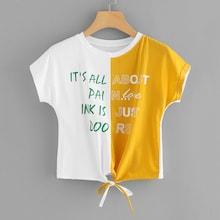 Shein Color Block Slogan Print Knot Hem Tee