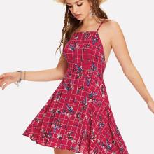 Shein Cross Back Floral Print Grid Cami Dress