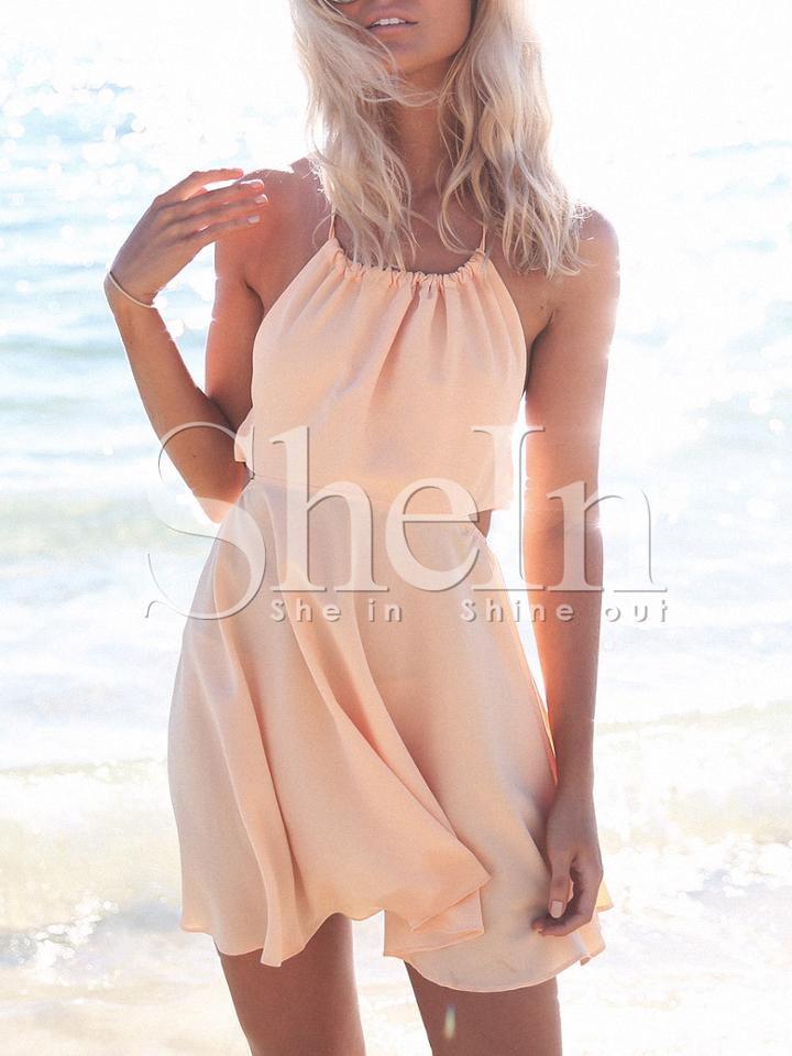 Shein Apricot Halter Neck Tie Back Flare Dress