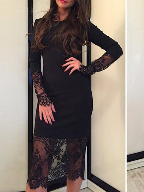 Shein Black Round Neck Sheer Lace Slim Dress
