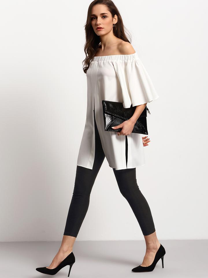 Shein Shirred Off The Shoulder Bell Sleeve Split Blouse