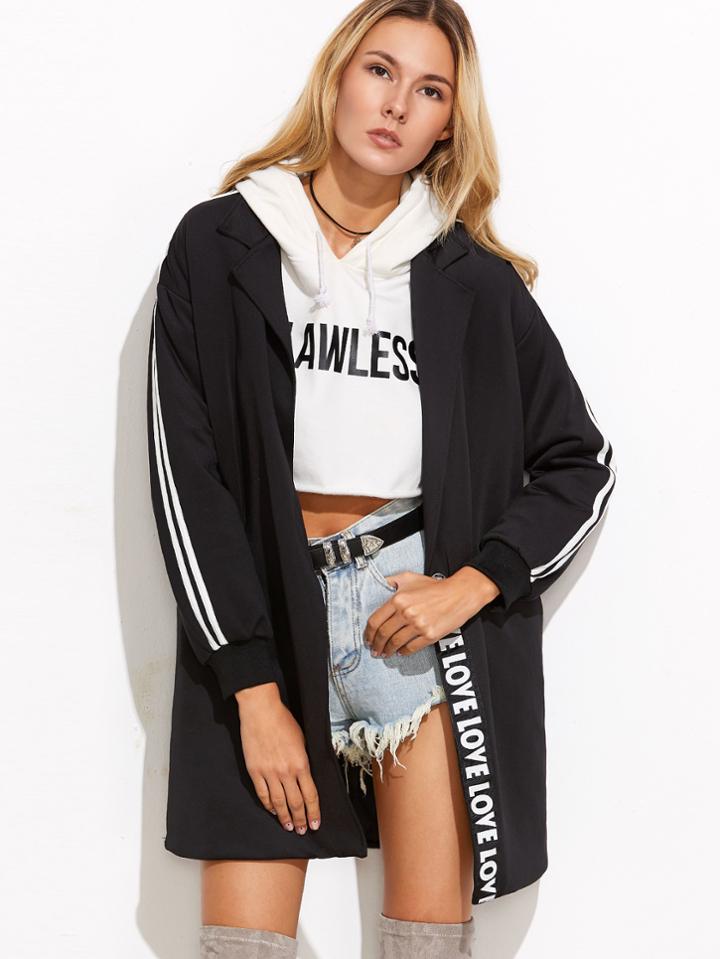 Shein Black Letter Print Striped Trim Drop Shoulder Coat