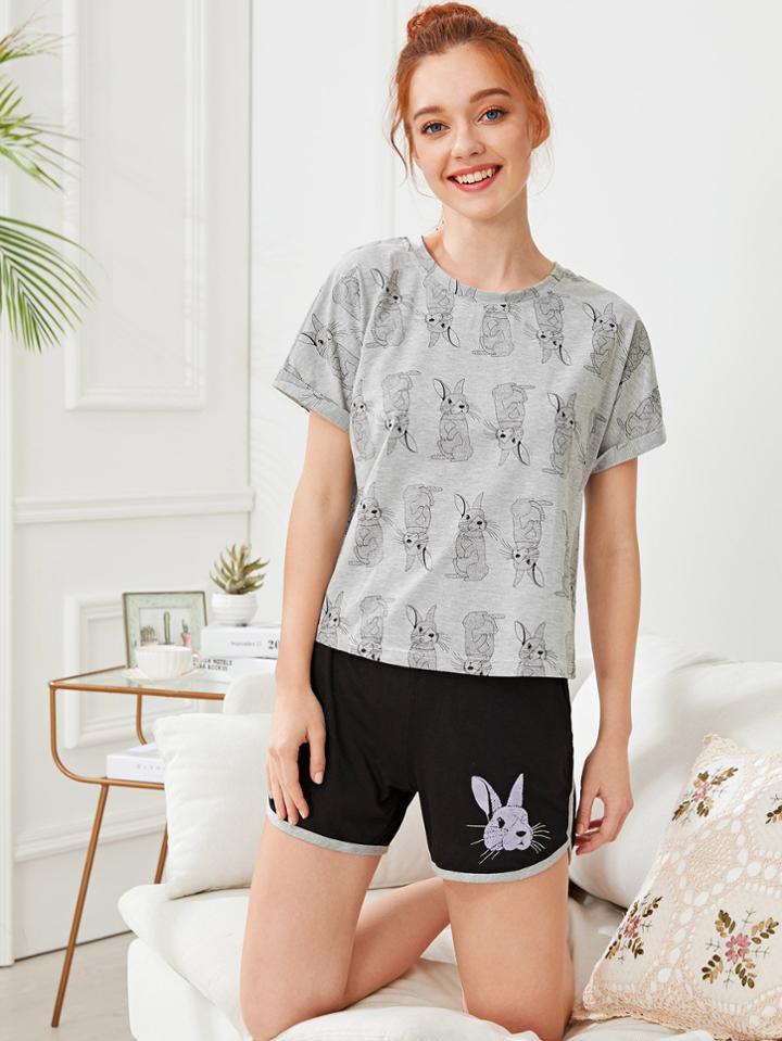 Shein Rabbit Print Tee & Shorts Pj Set