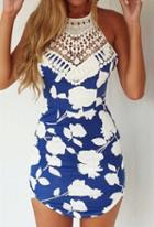 Shein Blue Back Criss Cross Print Embroidered Mini Dress