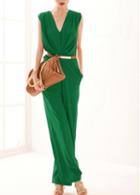 Rosewe V Neck Sleeveless Green Straight Jumpsuit