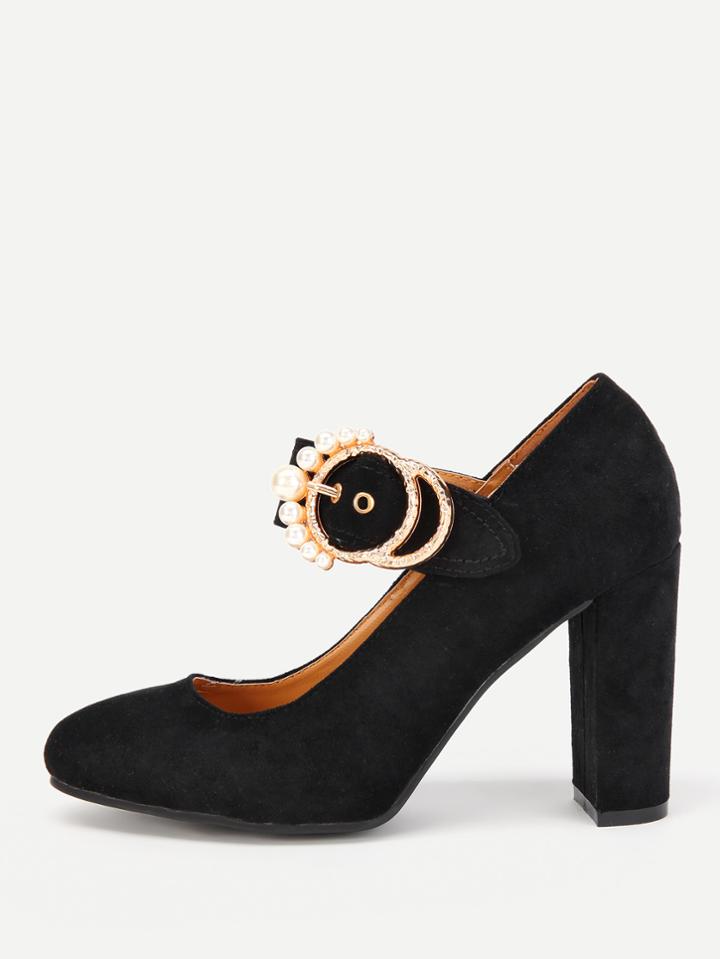 Shein Metal Buckle Detail Block Heels With Faux Pearl