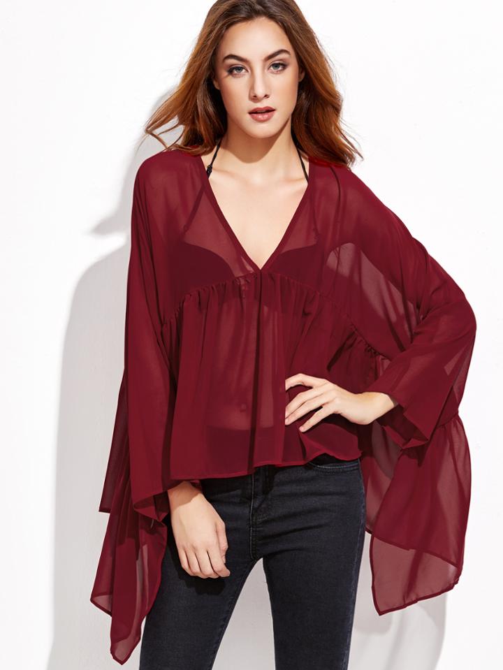Shein Burgundy V Neck High Low Ruffle Chiffon Blouse