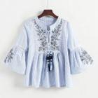 Shein Lace Panel Embroidery Striped Babydoll Blouse