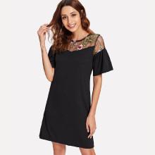 Shein Embroidery Sheer Mesh Panel Dress