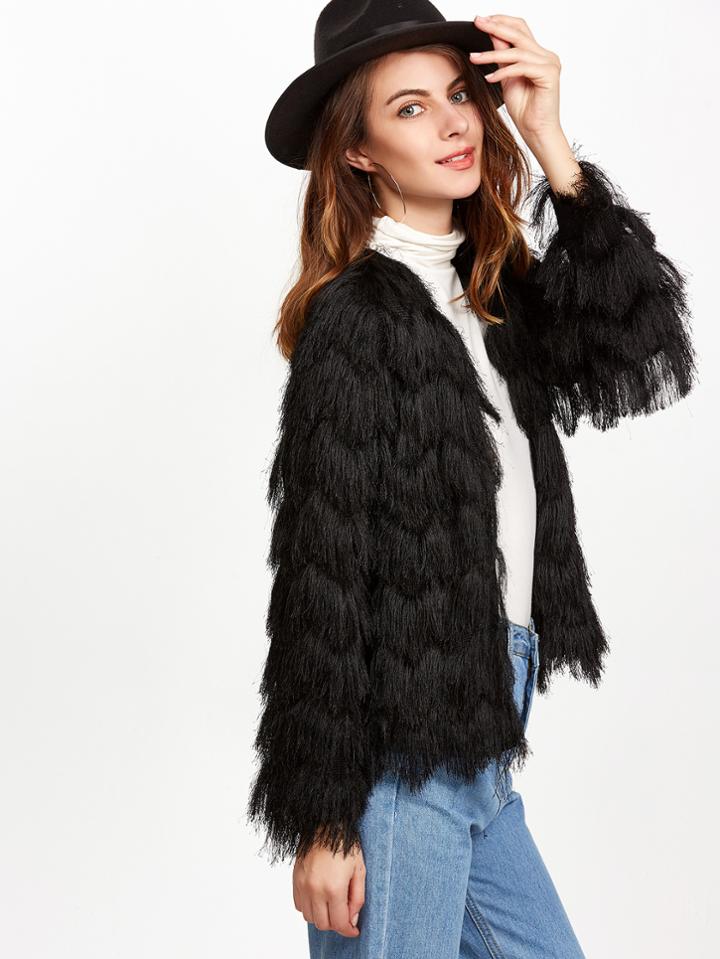 Shein Black Layered Chevron Faux Fur Coat