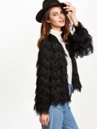 Shein Black Layered Chevron Faux Fur Coat