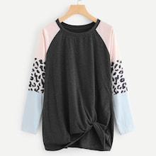 Shein Cut And Sew Panel Leopard Print Twist Tee