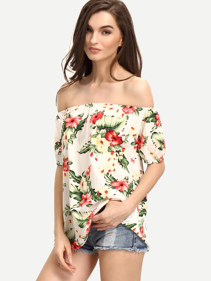 Shein Multicolor Flower Print Off The Shoulder Blouse