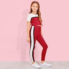 Shein Girls Cut And Sew Top & Drawstring Waist Pants Set