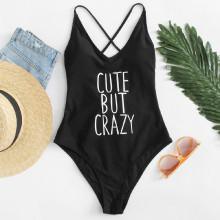 Shein Letter Print Lace Up Back Swimsuit