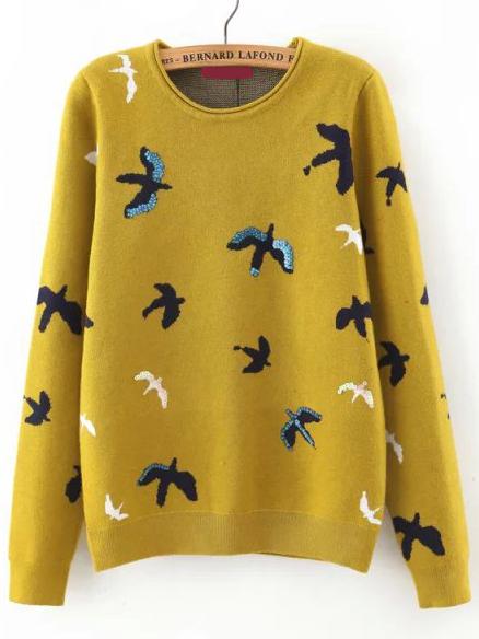 Shein Yellow Crew Neck Sequined Bird Print Sweater