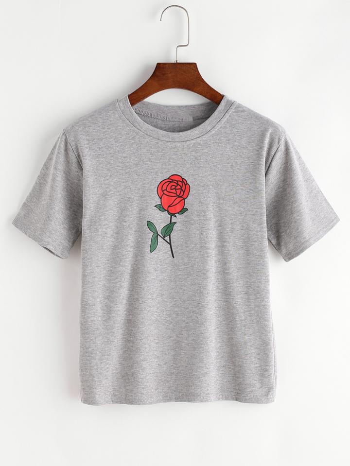 Shein Heather Grey Rose Print T-shirt