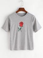 Shein Heather Grey Rose Print T-shirt