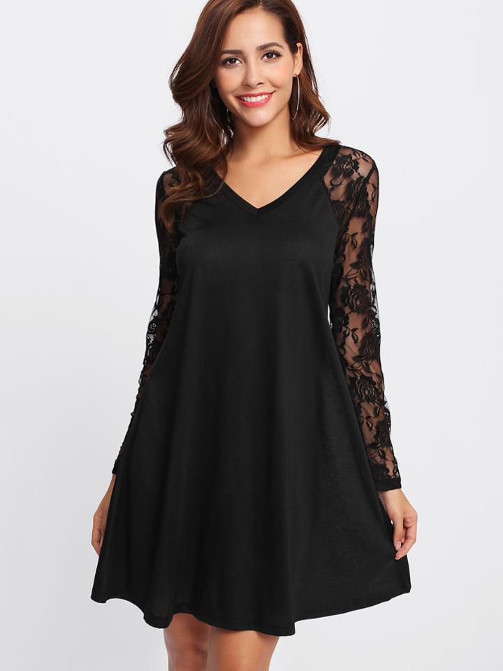 Shein V Neckline Raglan Lace Sleeve Swing Dress