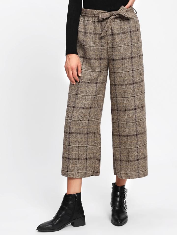 Shein Tartan Plaid Bow Tie Waist Wide Leg Pants