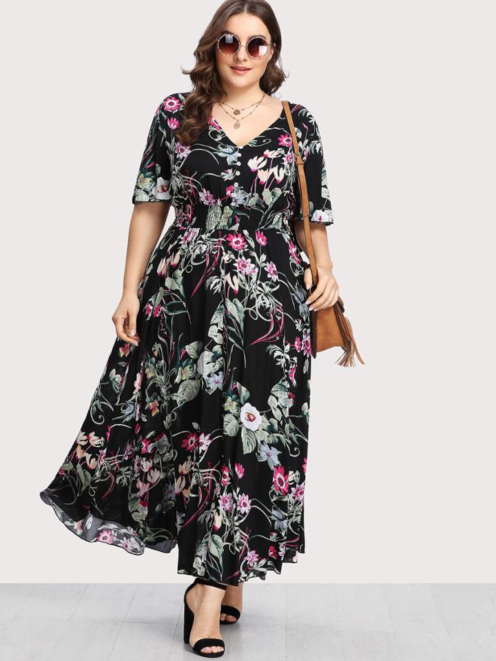 Shein Button Front Shirred Waist Botanical Dress
